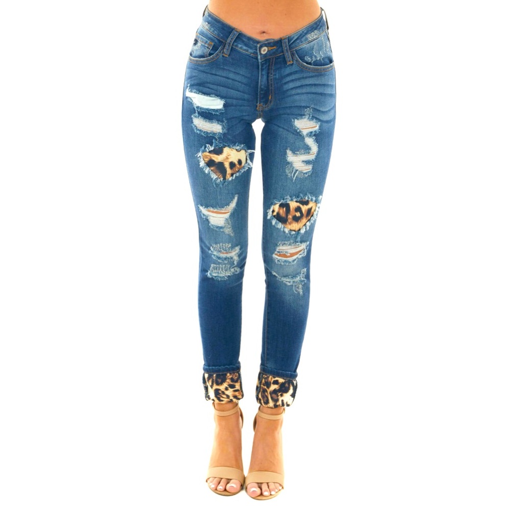 Kan Can distressed denim with leopard patches, only worn twice!